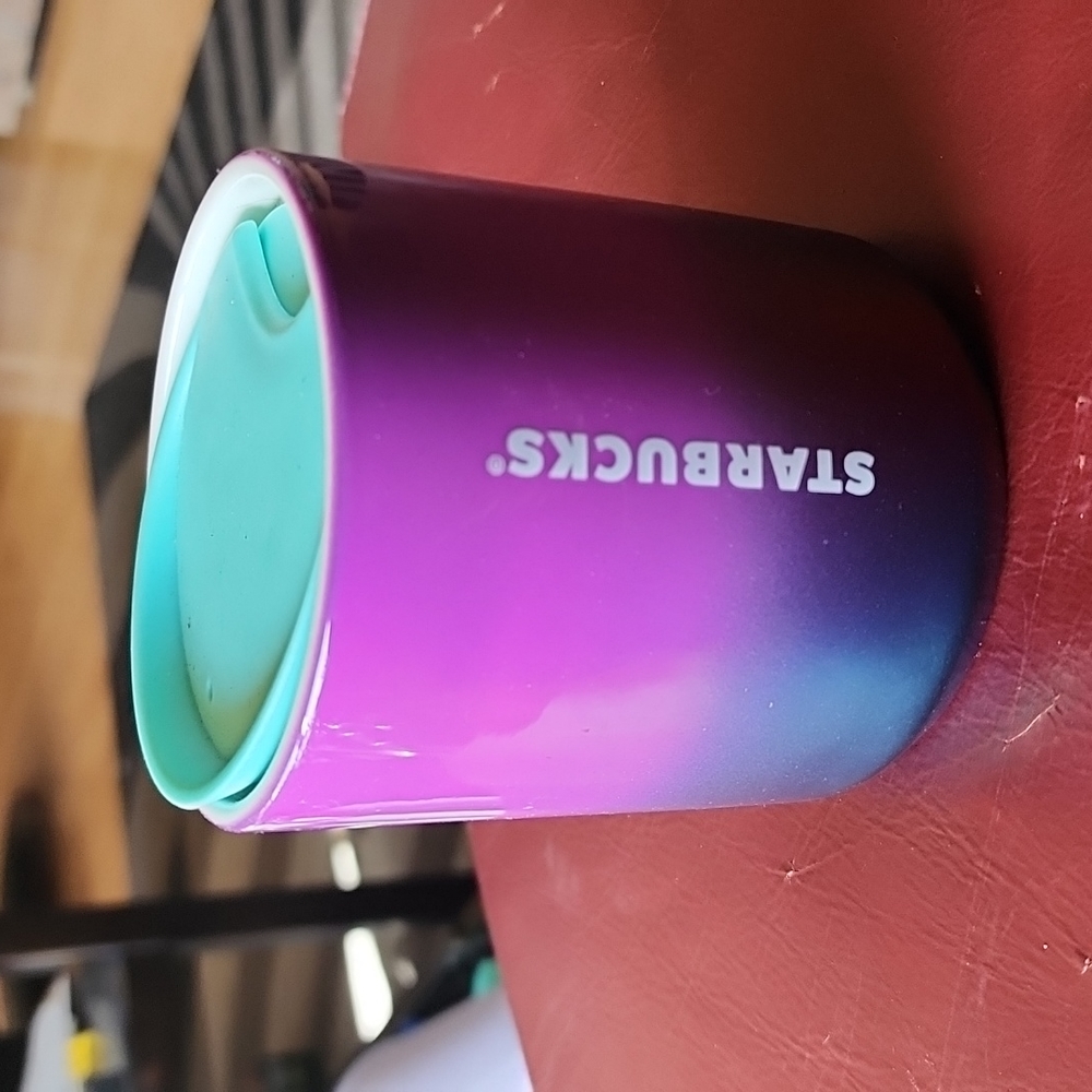 NWT Starbucks: Ceramic Mug w/ Splashguard Lid, Pink/Teal, 8oz